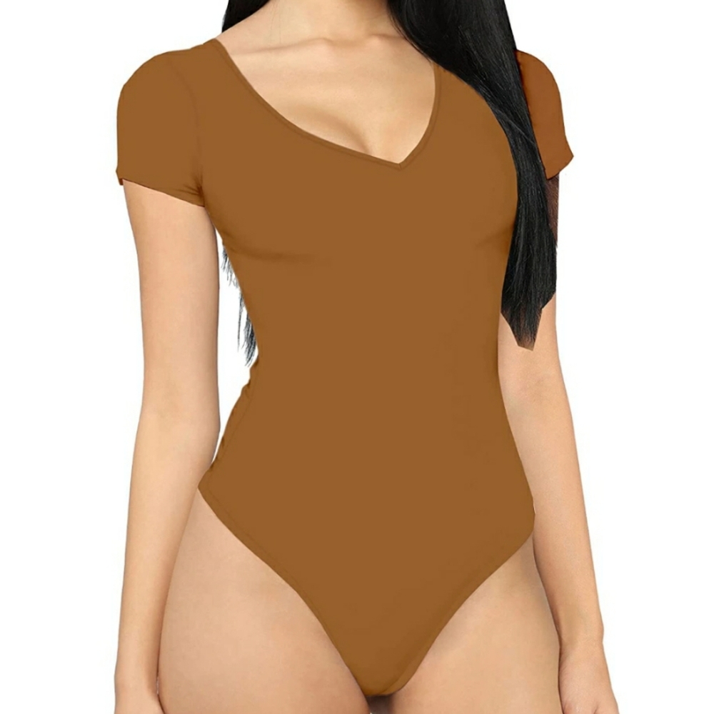 NEW MANGDIUP Brown Short Sleeve V Neck Stretchy Bodysuit Large